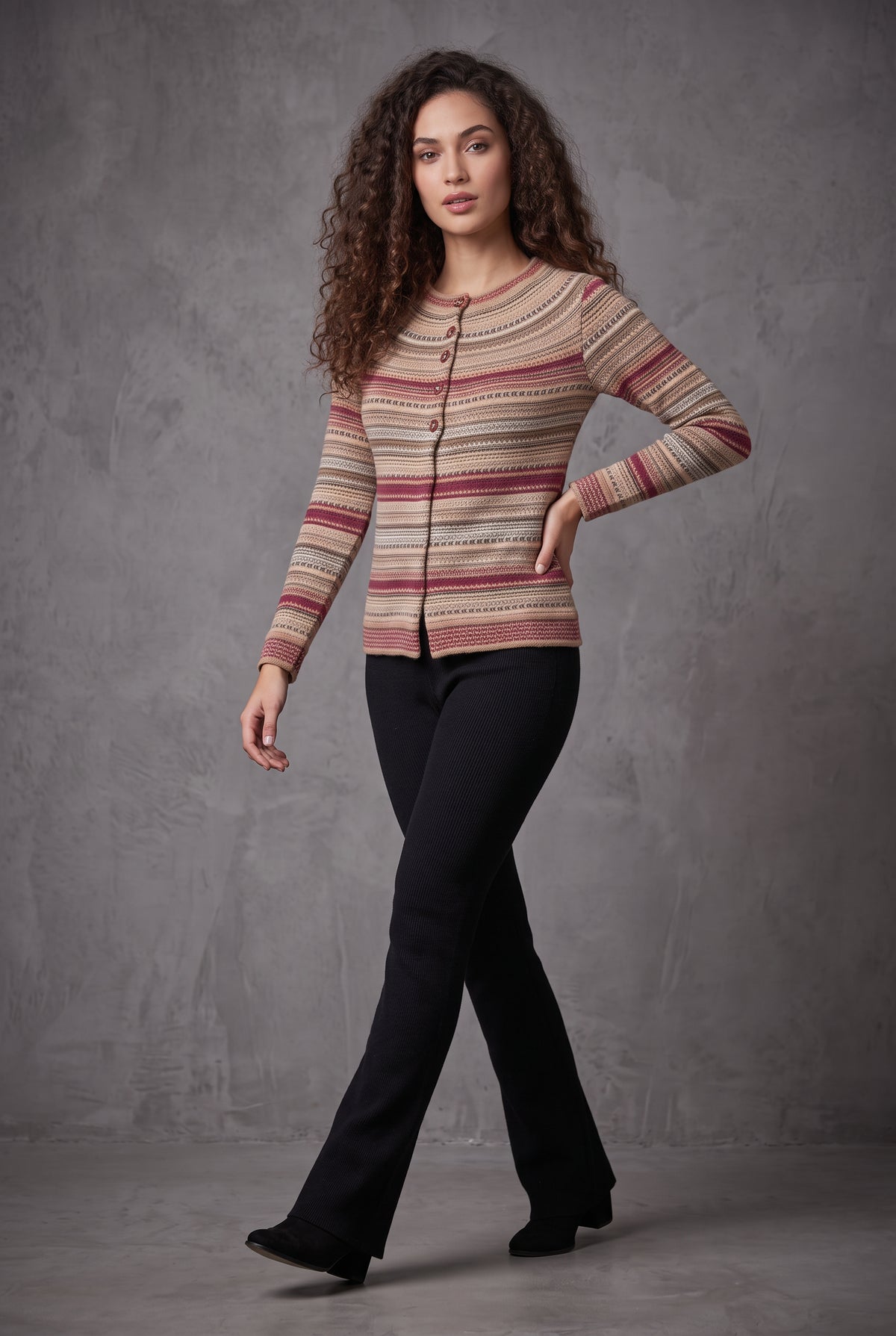 Lachi Women's Sandstone Striped Acrylic Knit Cardigan