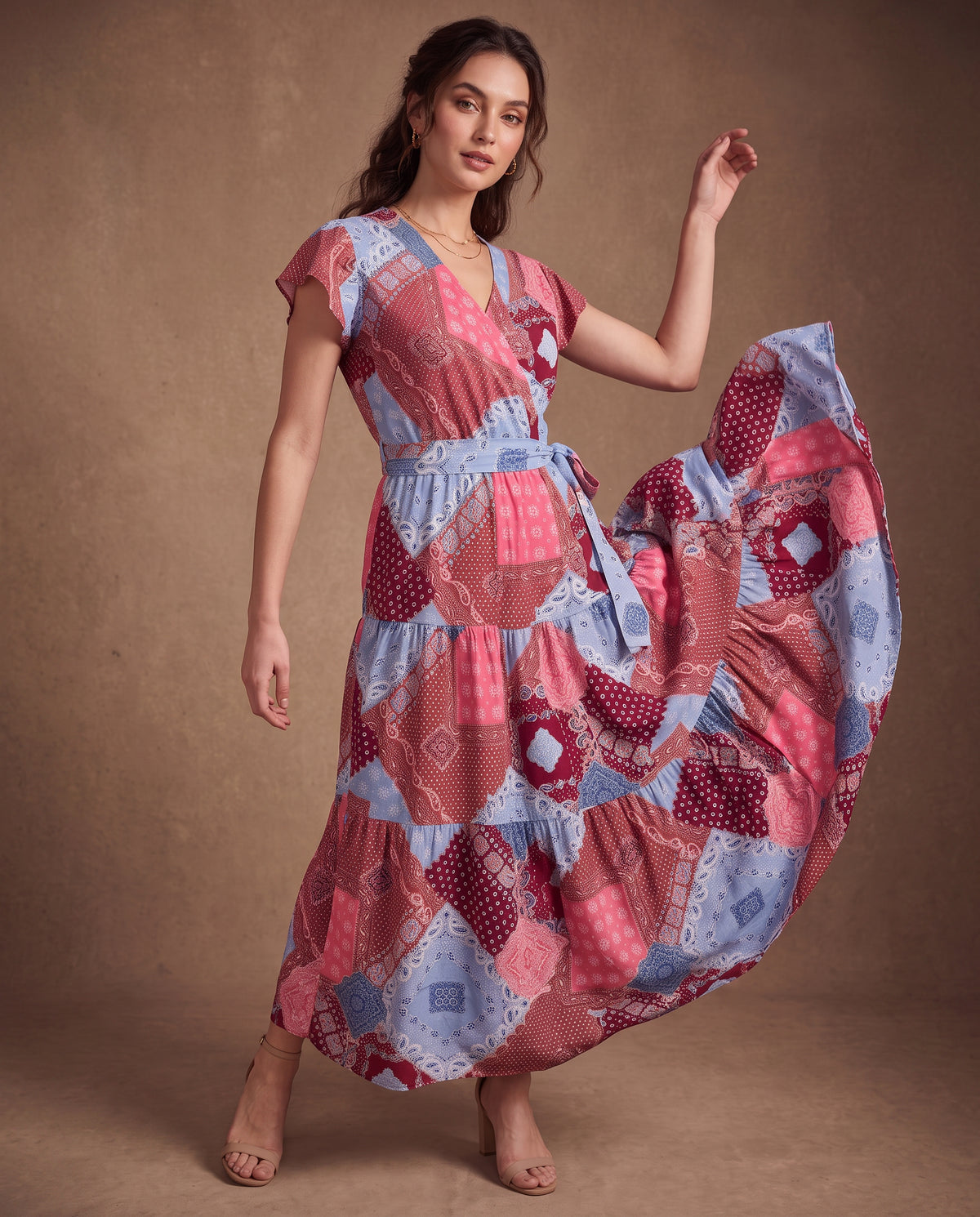 Pink & Blue Patchwork Maxi Dress
