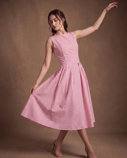 Pink Striped Pleated Midi Dress