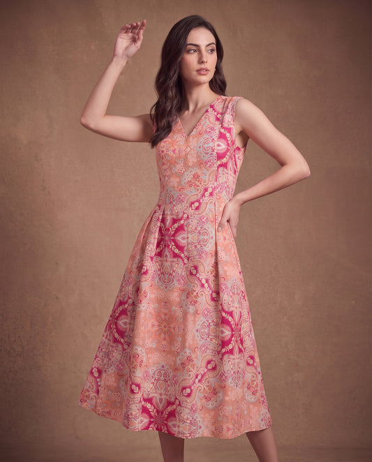 Coral Paisley Sleeveless Midi Dress