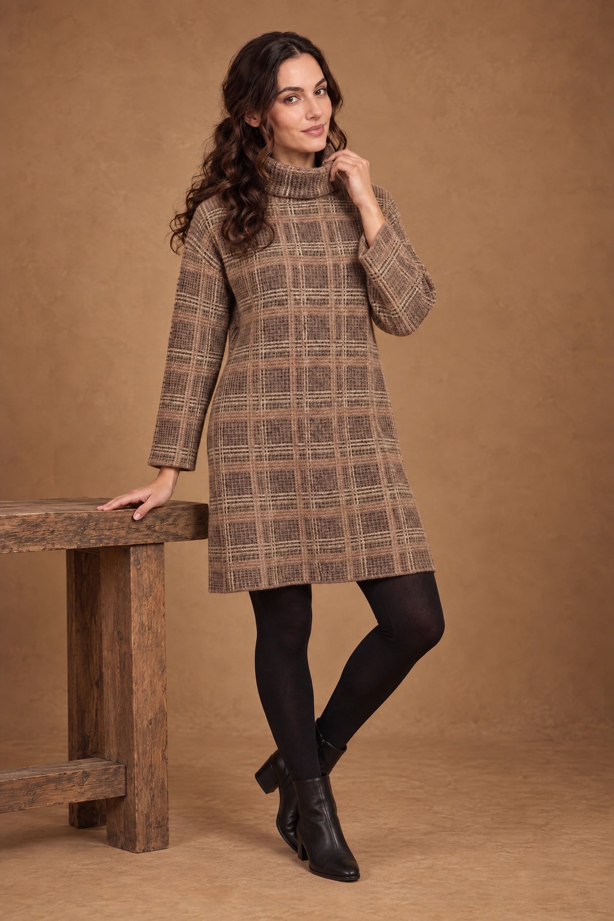 Lachi Women's Mocha Check Textured Knitted Tunic