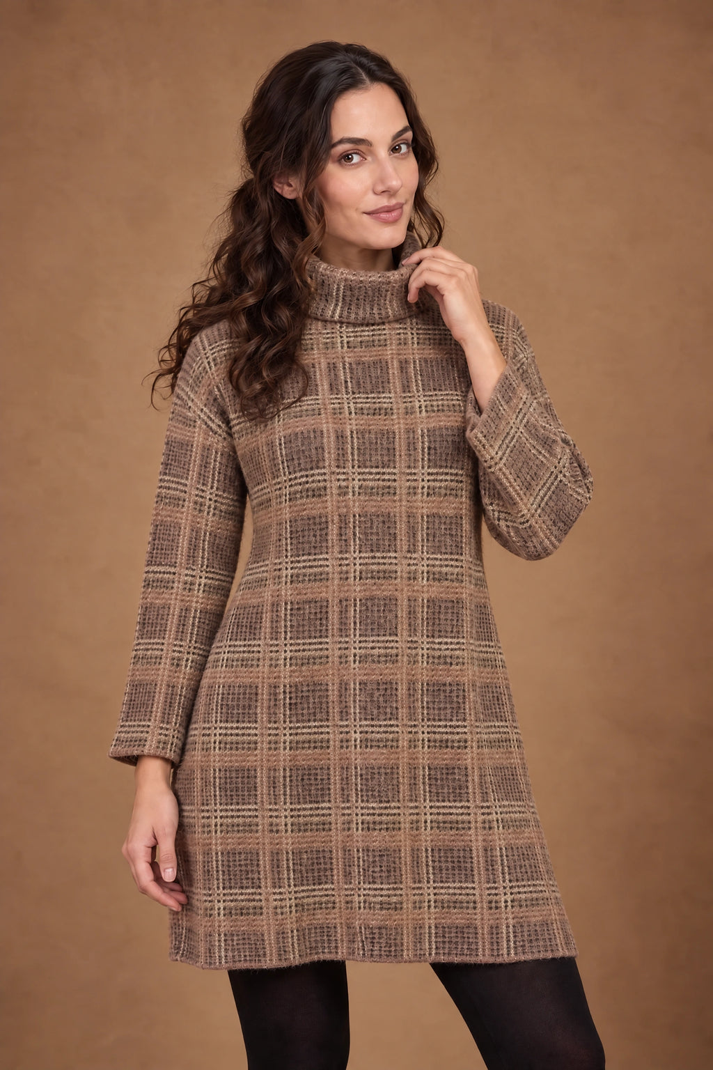 Lachi Women's Mocha Check Textured Knitted Tunic