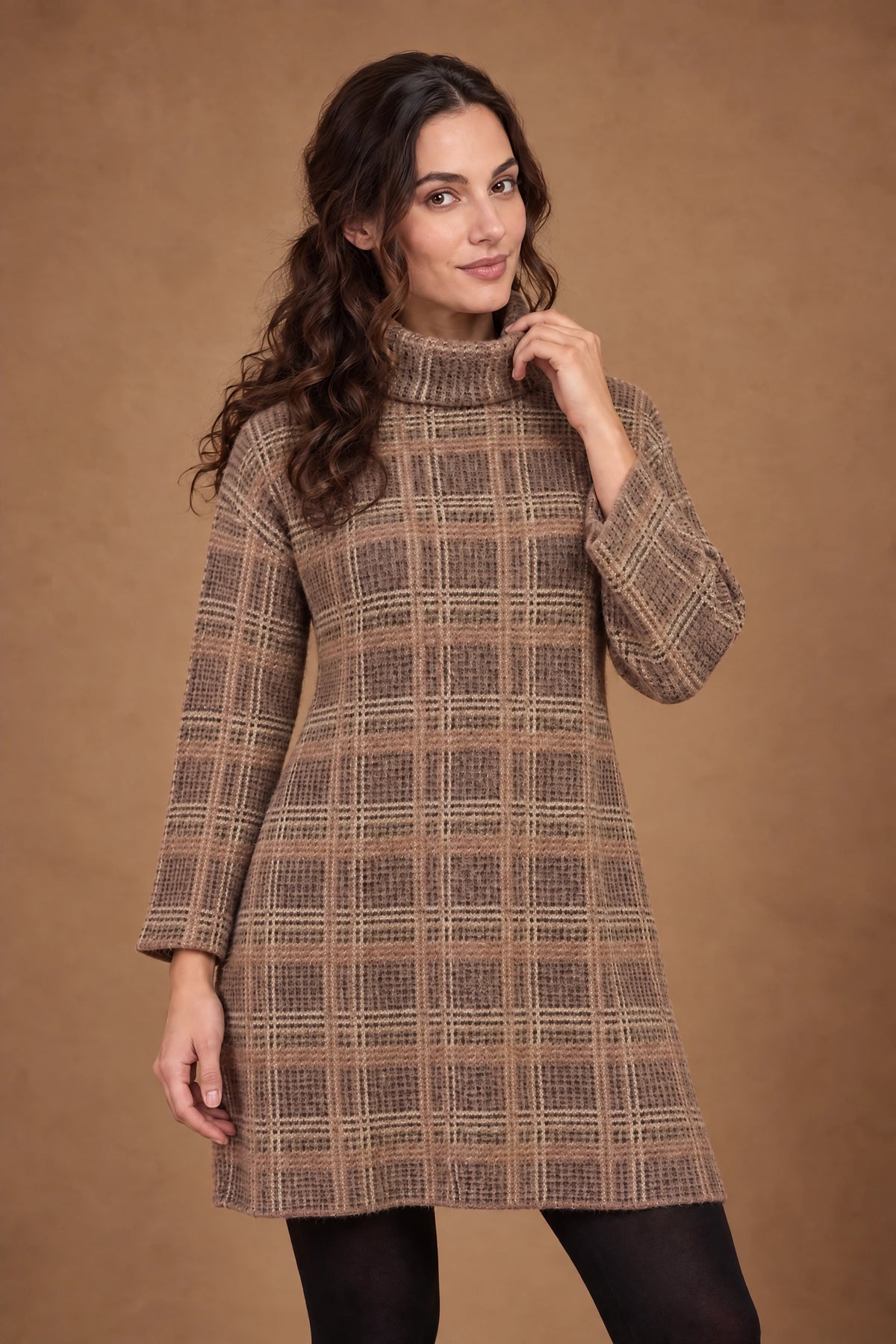 Lachi Women's Mocha Check Textured Knitted Tunic