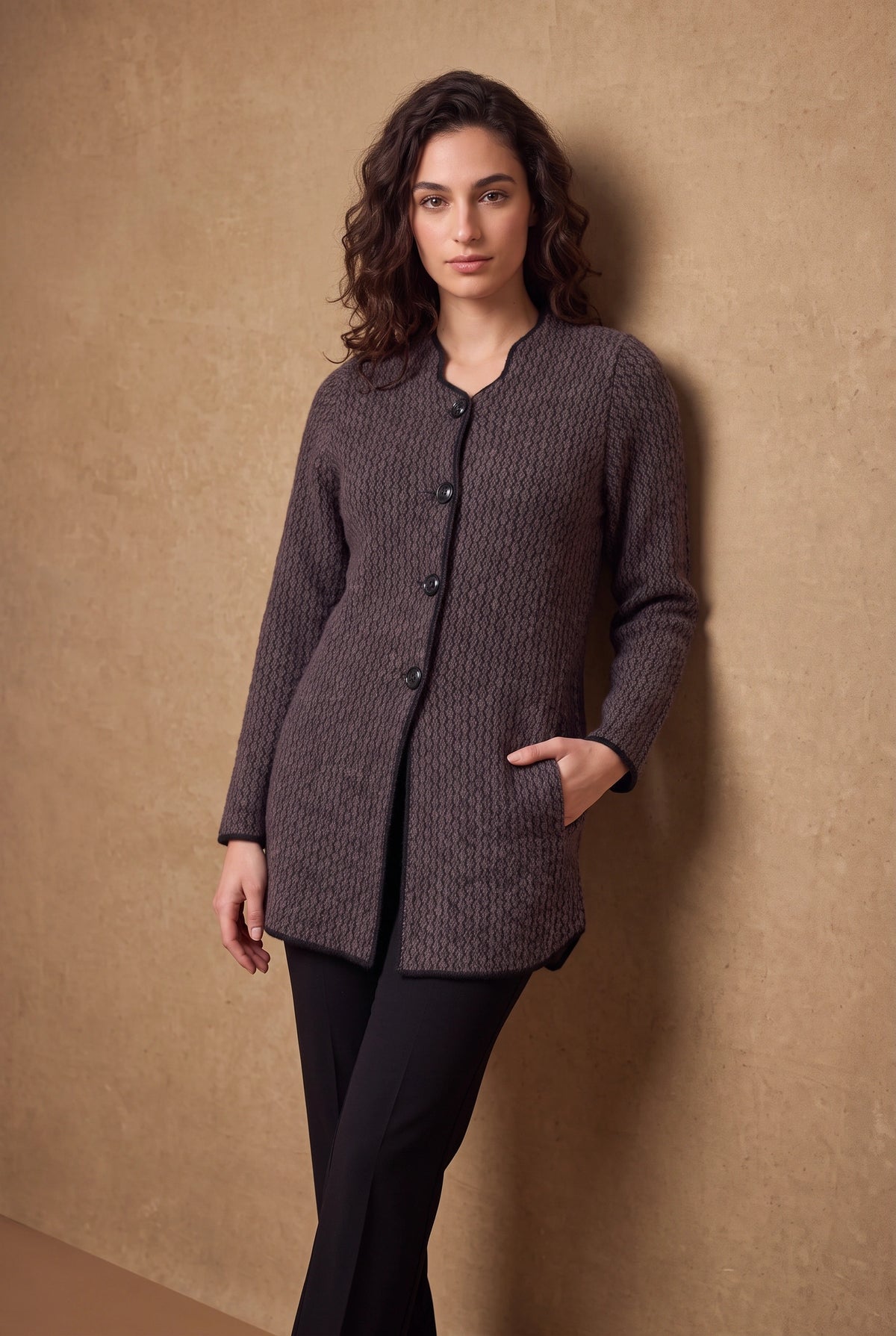 Lachi Women's Heather Mauve Diamond Weave Knitted Cardigan
