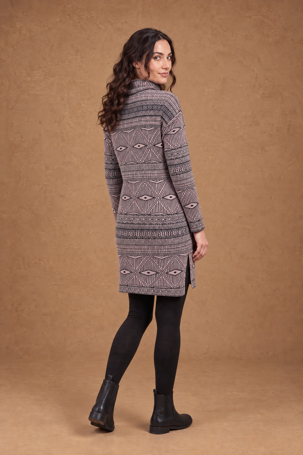 Lachi Women's Rose Taupe Geometric Jacquard Knitted Tunic