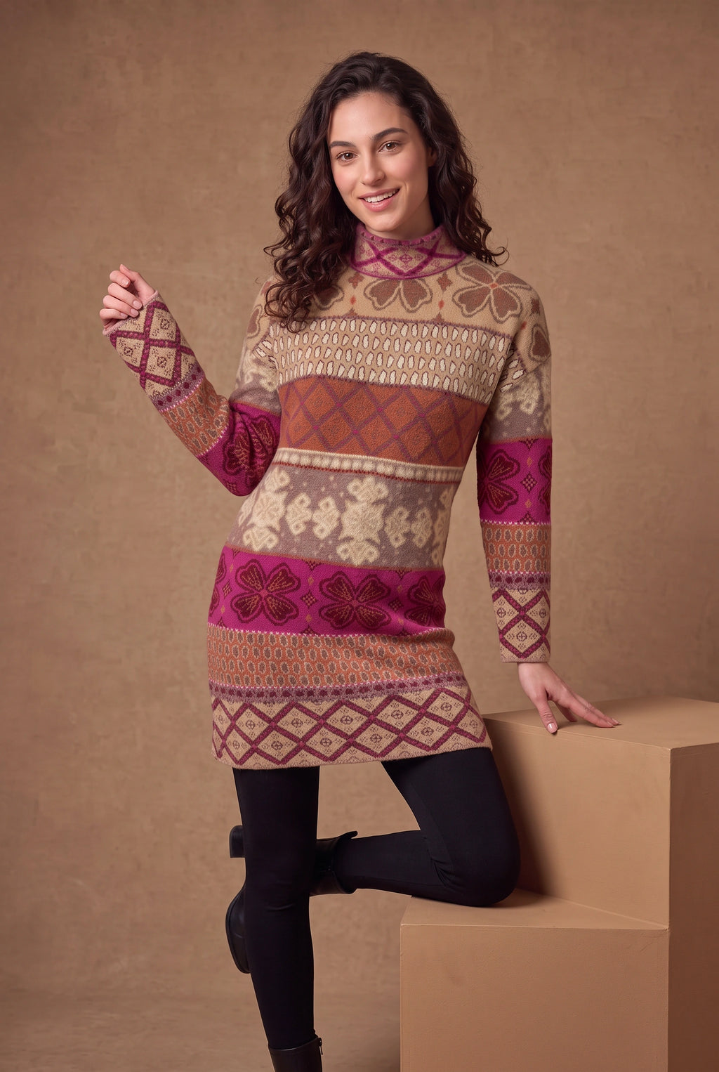 Lachi Women's Magenta Heritage Border Jacquard Knitted Tunic