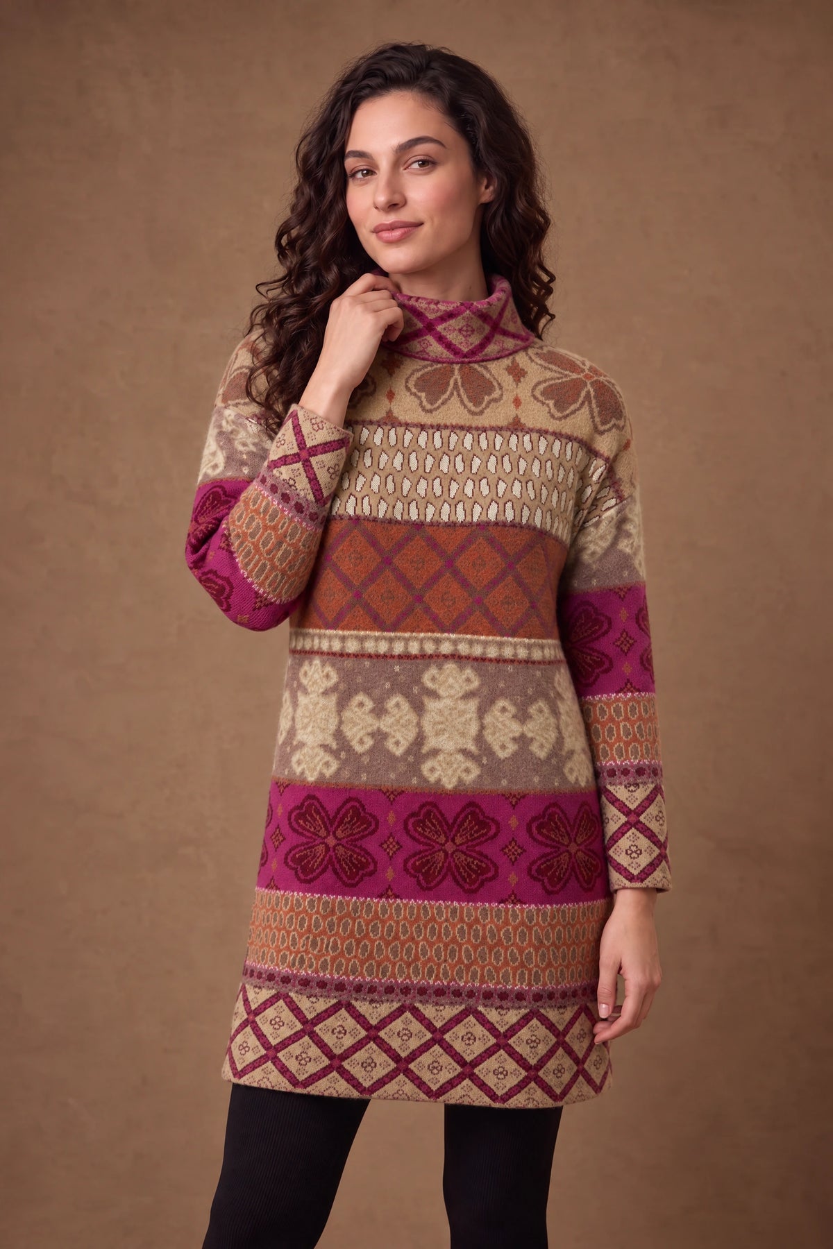 Lachi Women's Magenta Heritage Border Jacquard Knitted Tunic