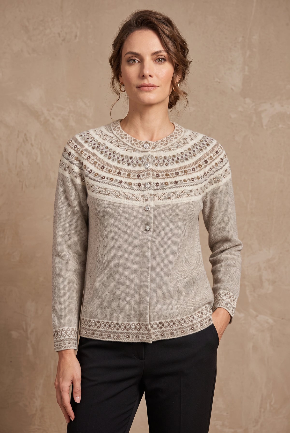 Lachi Women's Oatmeal Alpine Yoke Acrylic Knit Cardigan