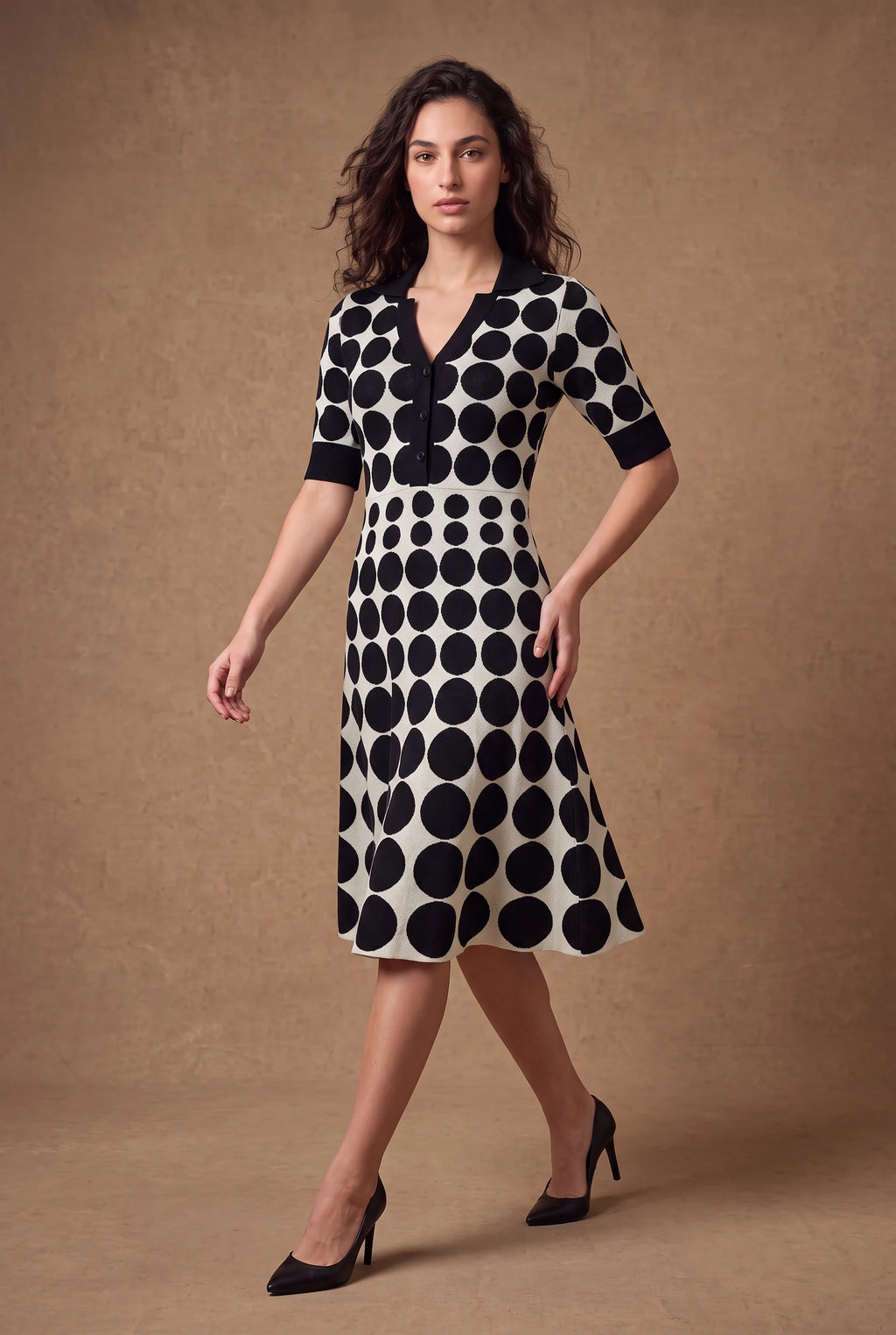 Yarn-Knitted Polka Dot Midi Dress