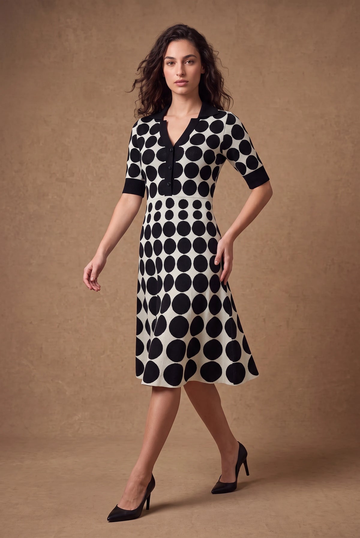 Yarn-Knitted Polka Dot Midi Dress