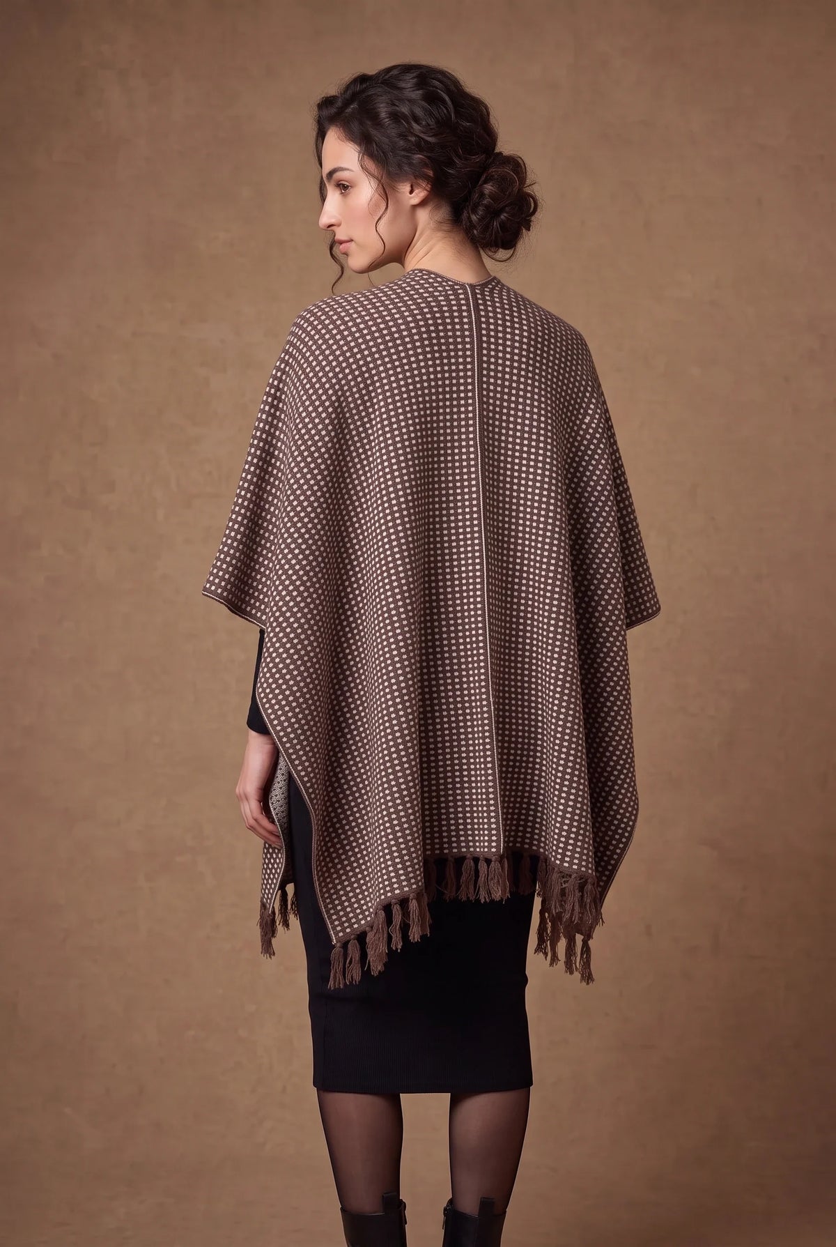 Brown Houndstooth Check Fringed Poncho 3