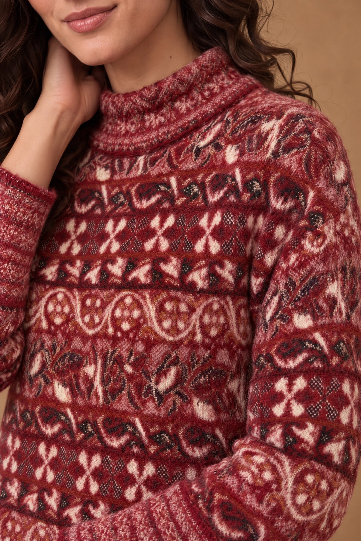 Lachi Women's Crimson Fair Isle Jacquard Knitted Tunic
