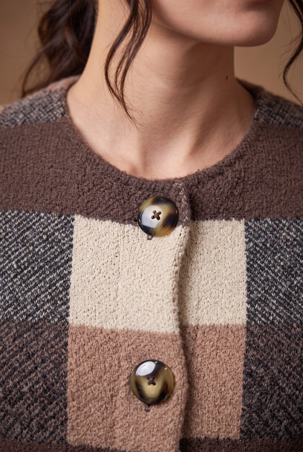 Lachi Women's Mocha Block Check Longline Knitted Cardigan