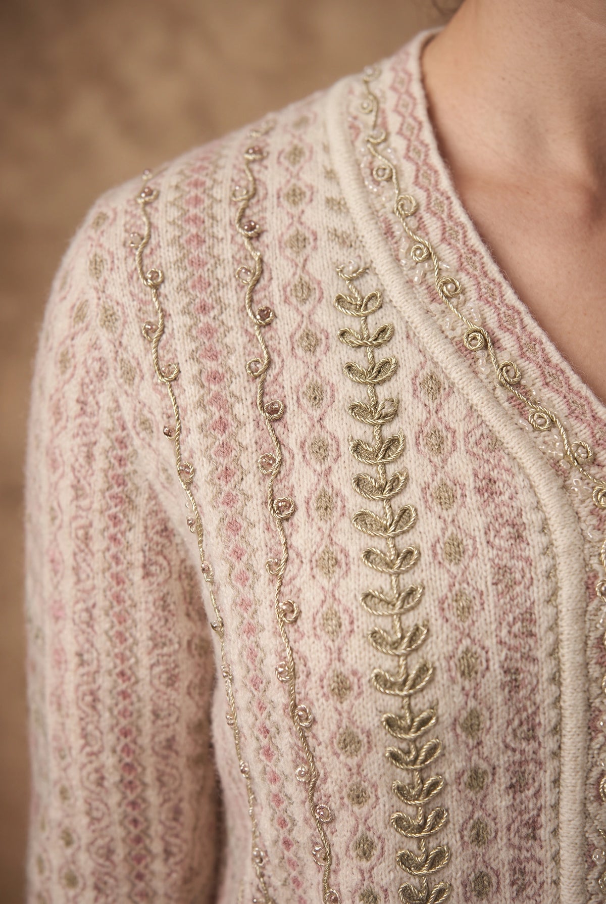 Lachi Women's Cream Rose Sage Stripe V-Neck Knitted Cardigan