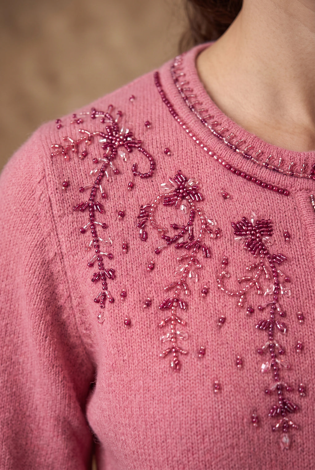 Lachi Women's Pink Beaded Yoke Knitted Cardigan