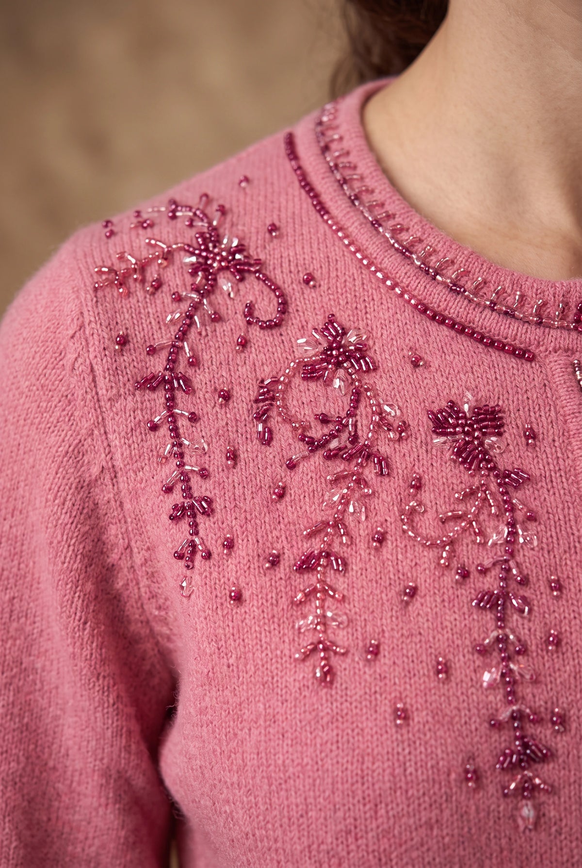 Lachi Women's Pink Beaded Yoke Knitted Cardigan