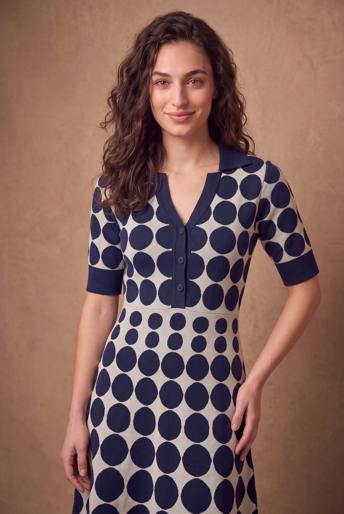 Yarn-Knitted Polka Dot Midi Dress