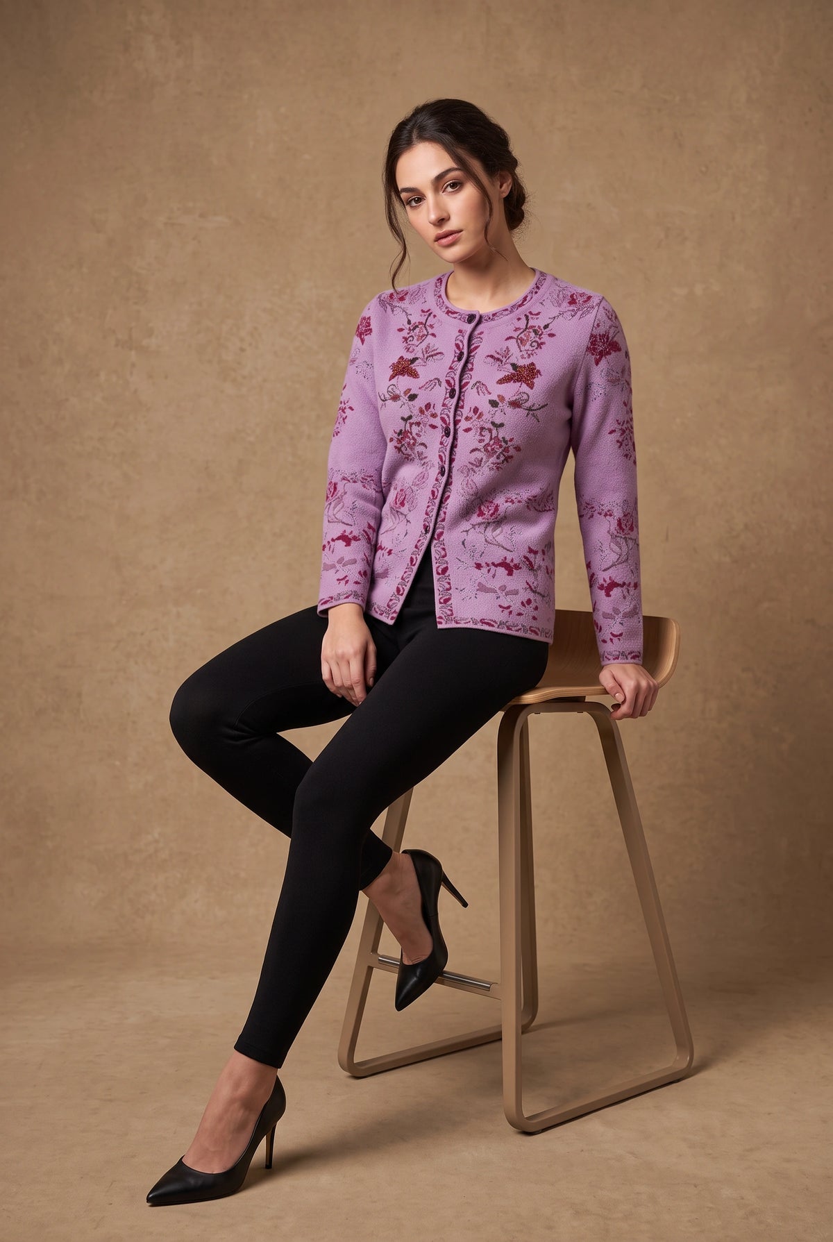 Lachi Women's Lilac Beaded Rose Jacquard Knitted Cardigan