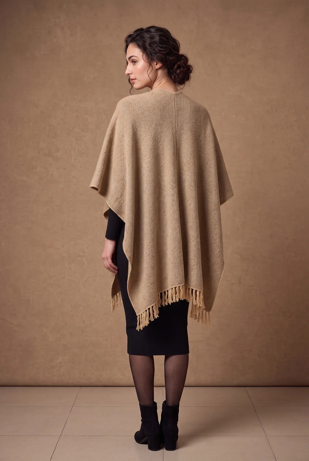 Beige Tweed Fringed Poncho 2