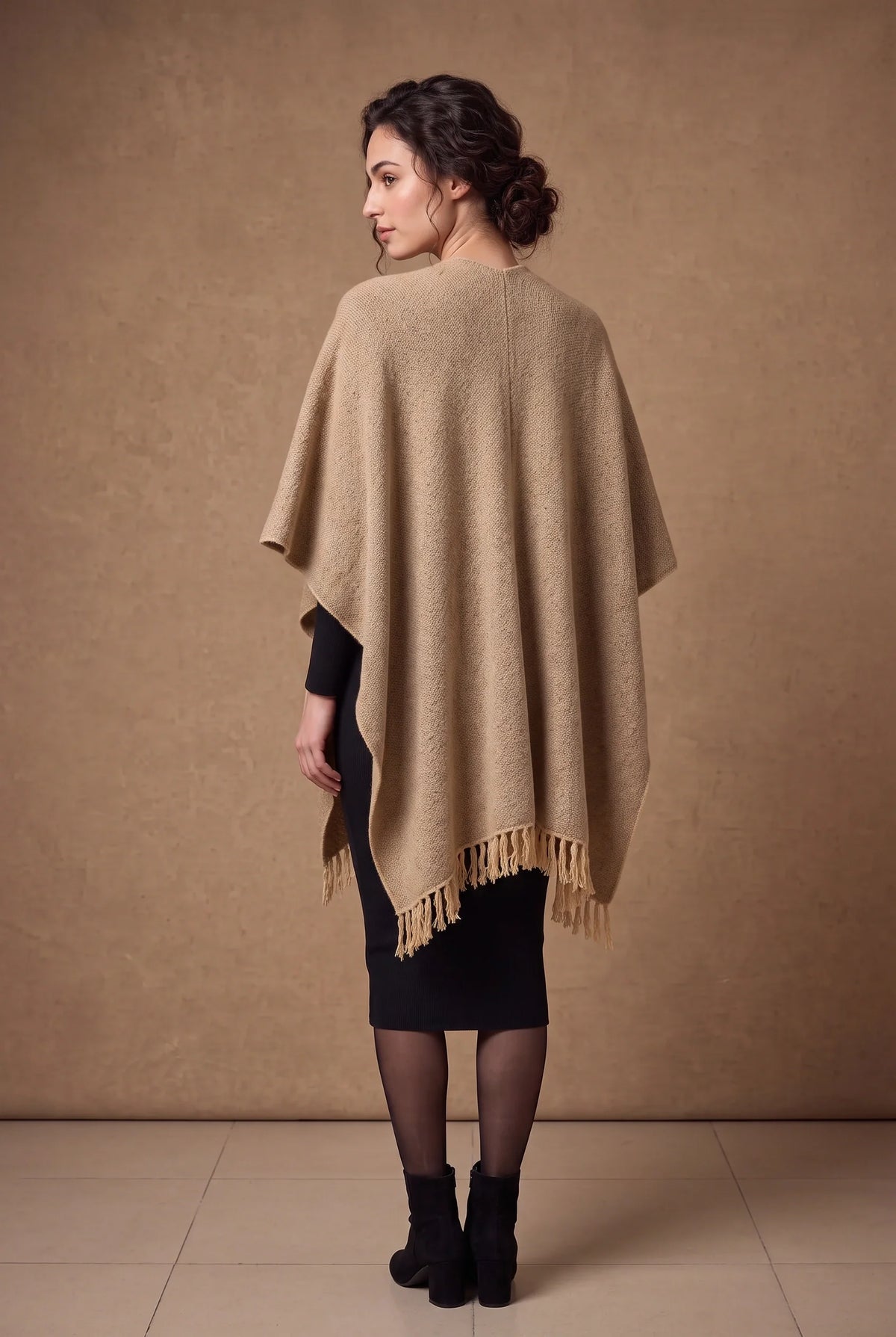 Beige Tweed Fringed Poncho 2