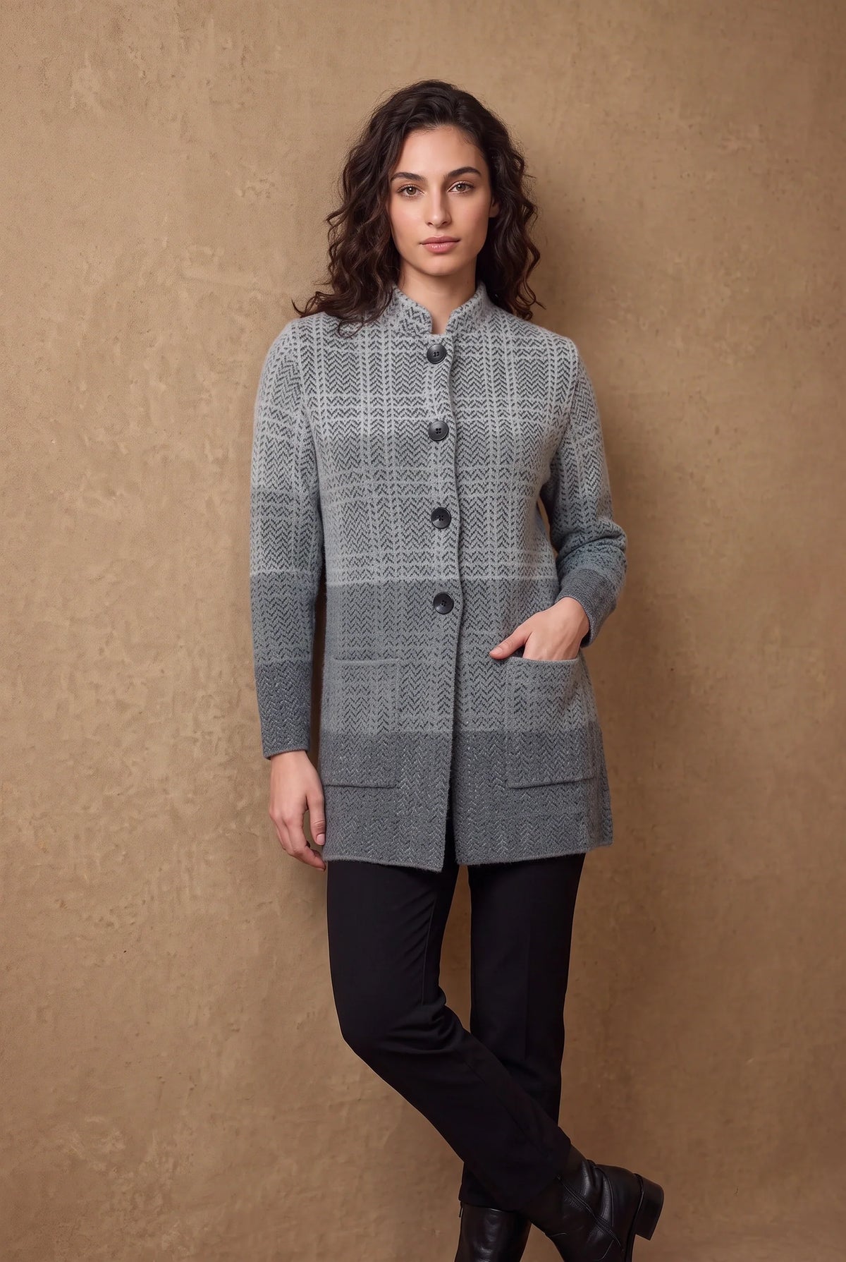 Grey Ombre Herringbone Longline Knitted Cardigan 1