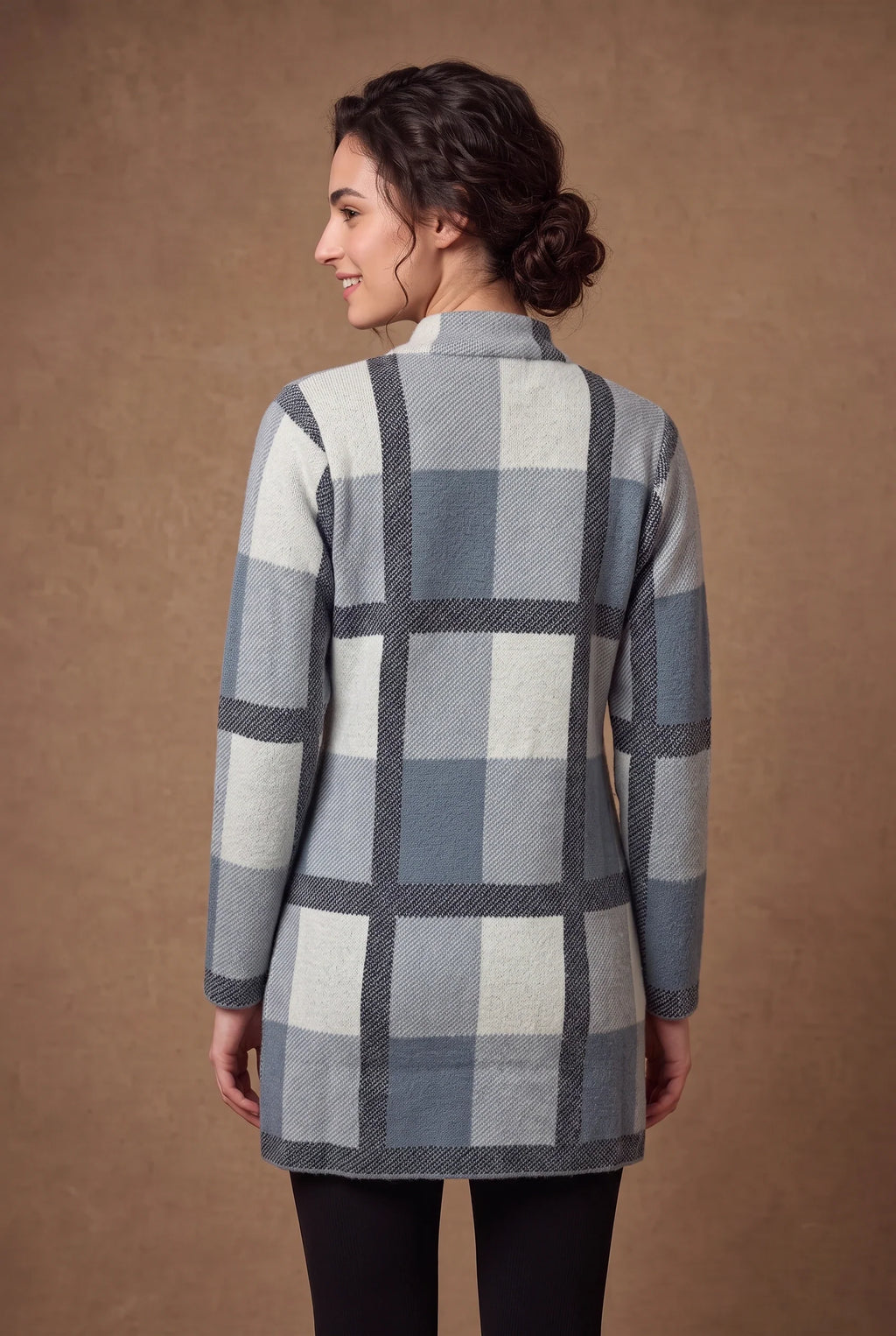 Slate Grey Block Check Longline Knitted Cardigan 2