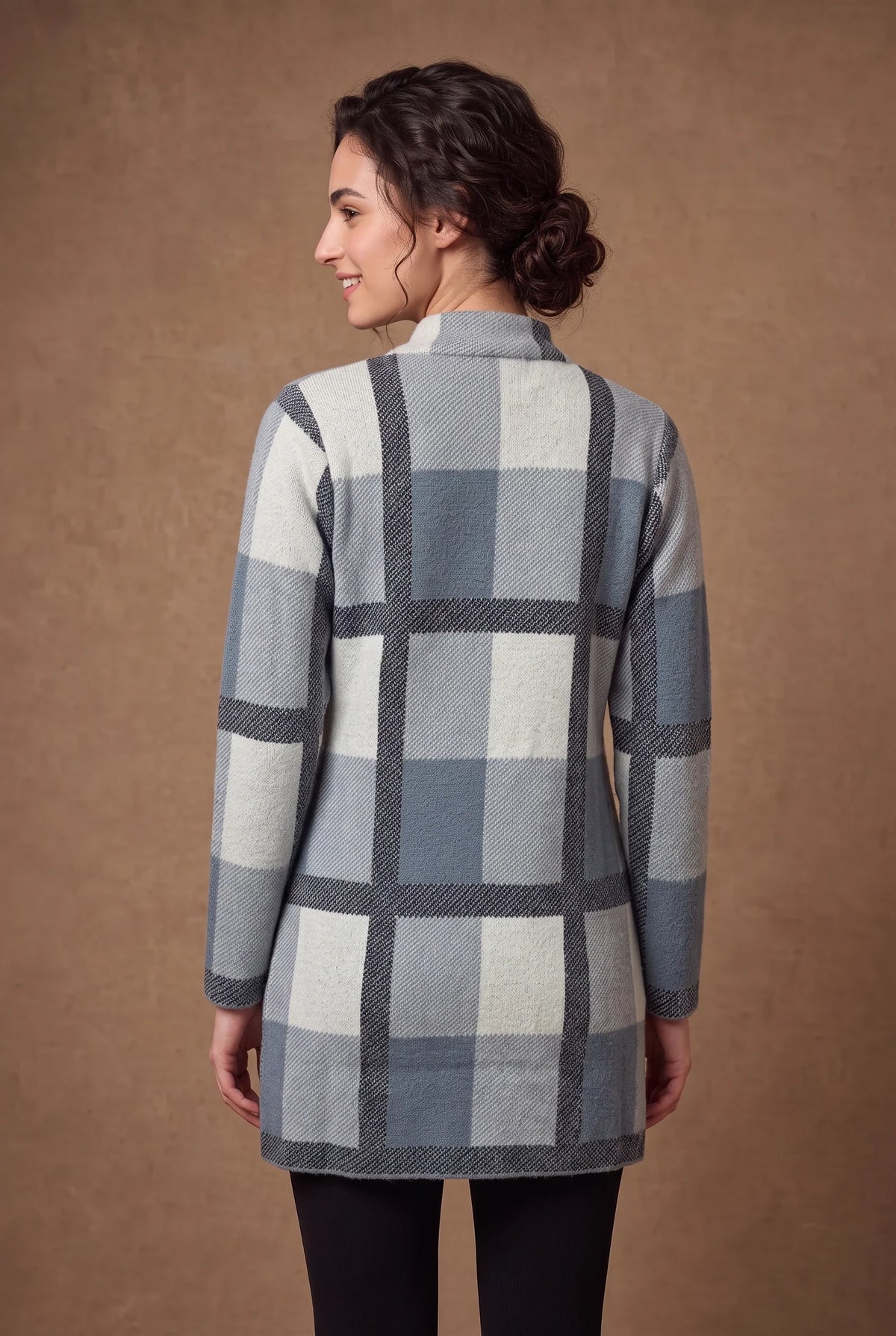 Slate Grey Block Check Longline Knitted Cardigan 2