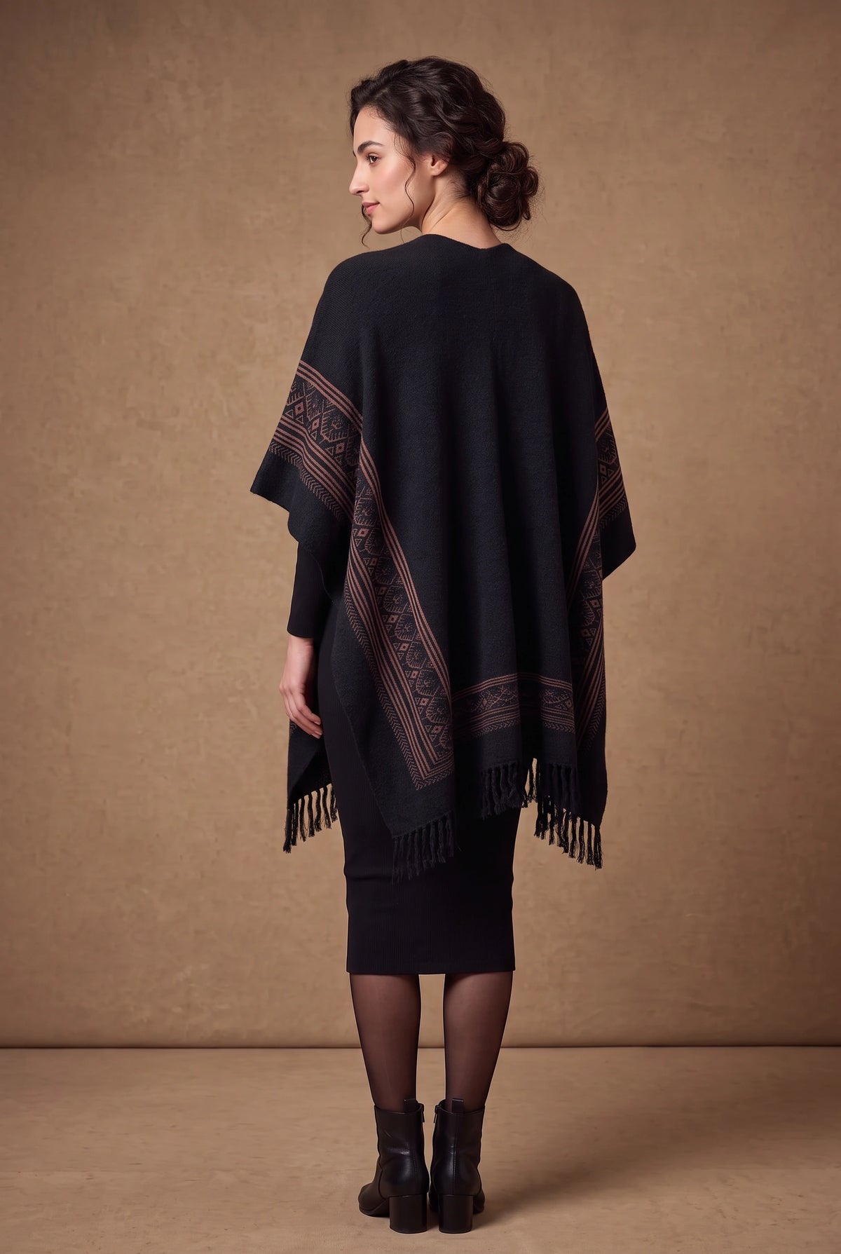 Lachi Women's Tribal Border Tasseled Poncho Cape