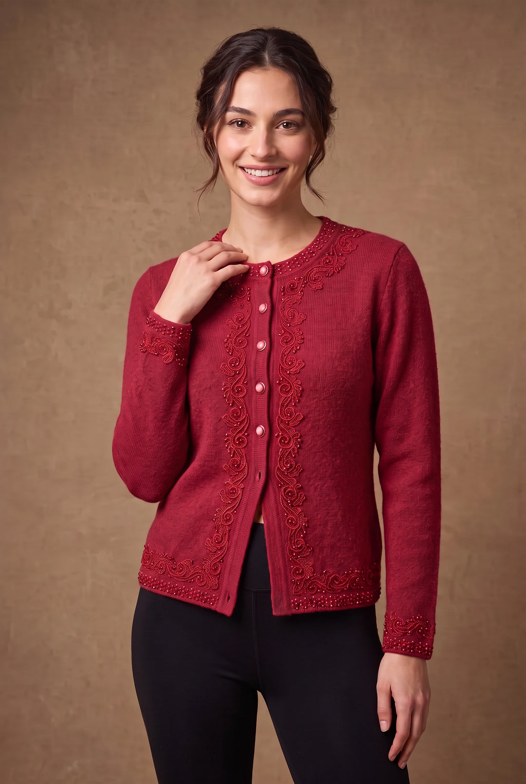 Lachi Women's Red Cord Scroll Beaded Knitted Cardigan