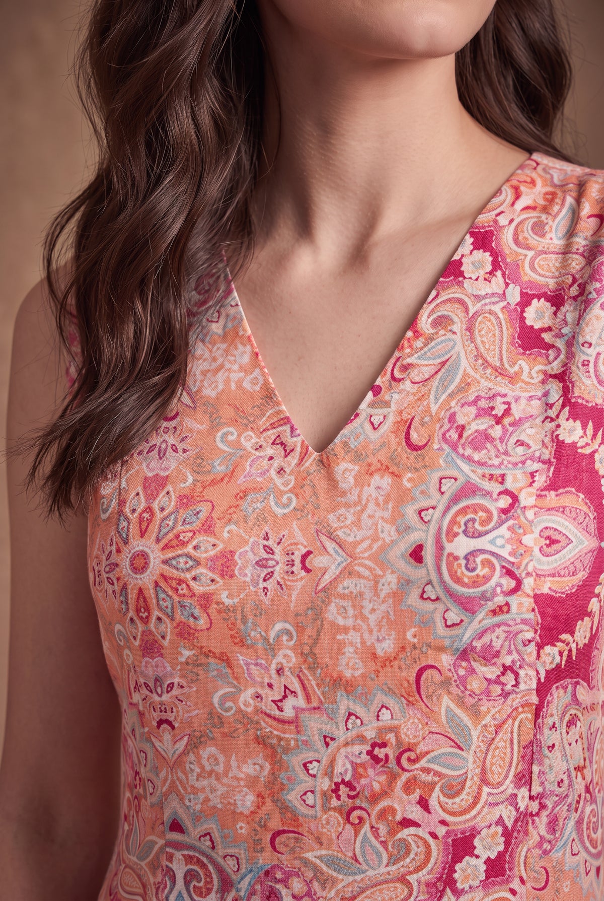 Lachi Women's Coral Paisley Print Viscose Sleeveless Midi Dress