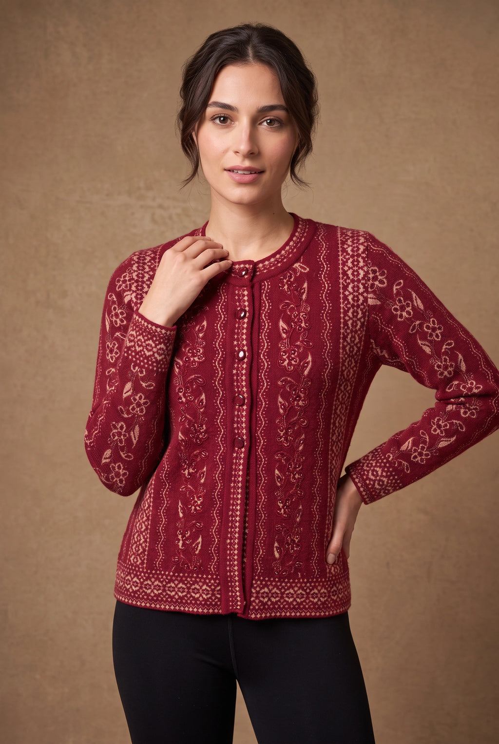 Lachi Women's Maroon Embroidered Vine Jacquard Knitted Cardigan
