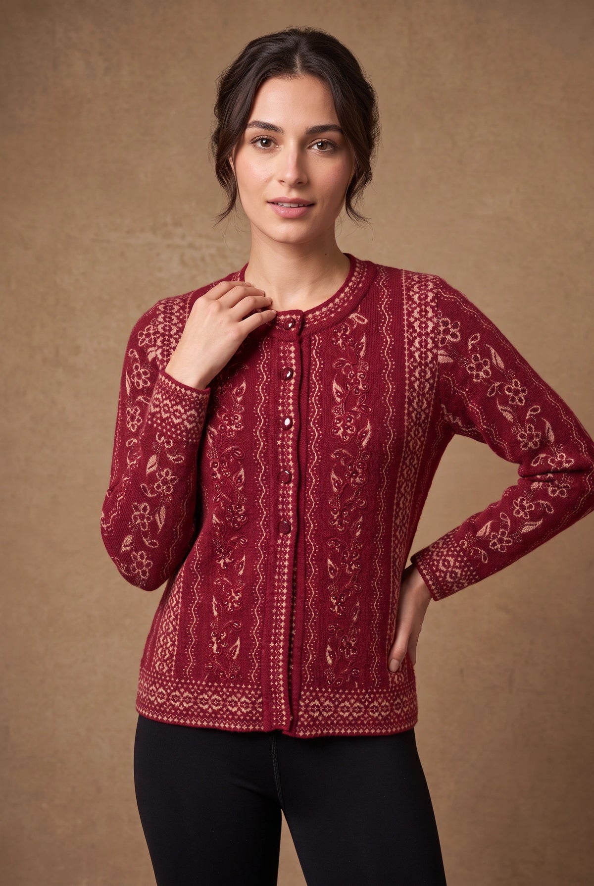 Lachi Women's Maroon Embroidered Vine Jacquard Knitted Cardigan