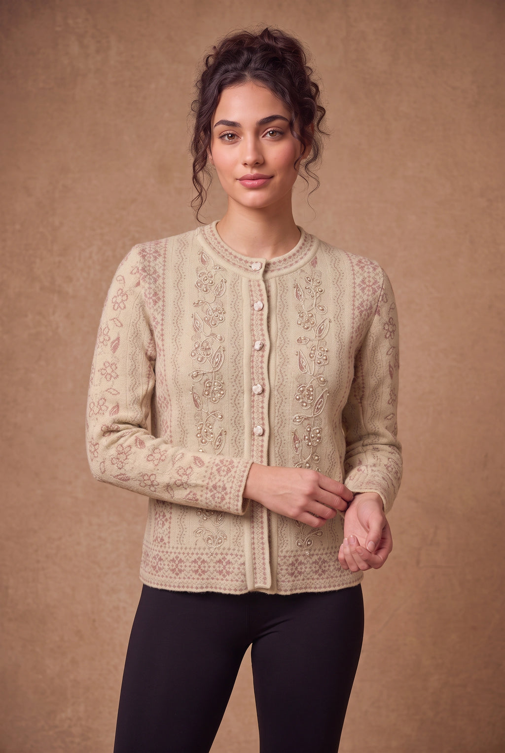 Lachi Women's Cream Pearl Vine Embroidered Knitted Cardigan