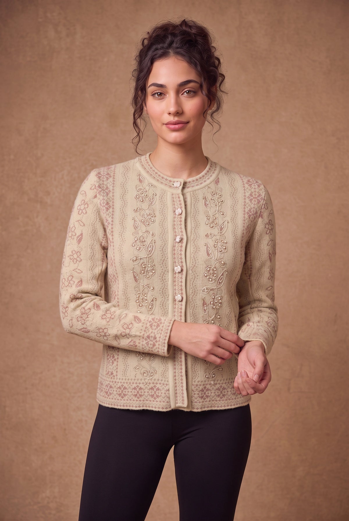Lachi Women's Cream Pearl Vine Embroidered Knitted Cardigan