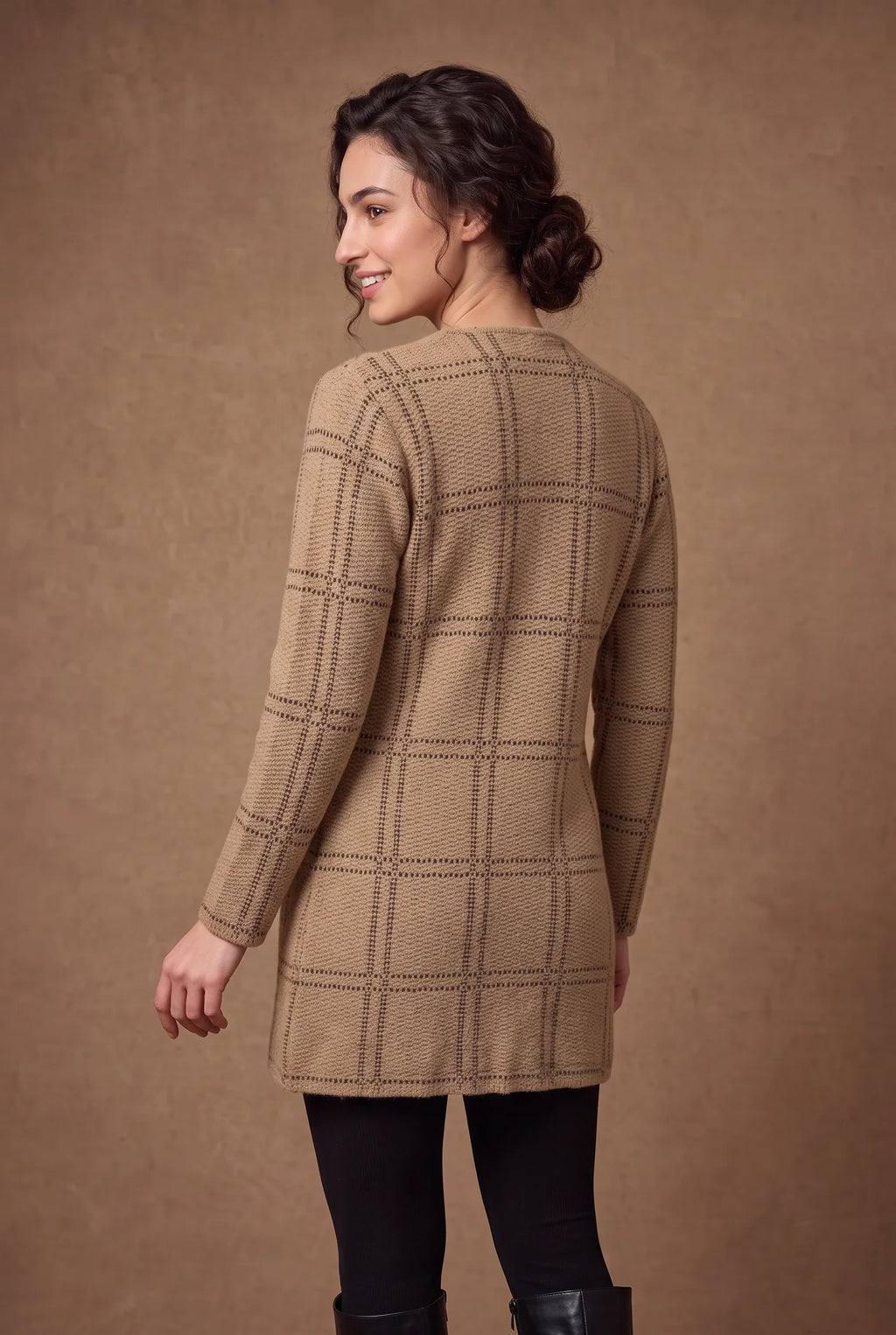 Camel Windowpane Check Knitted Cardigan 3