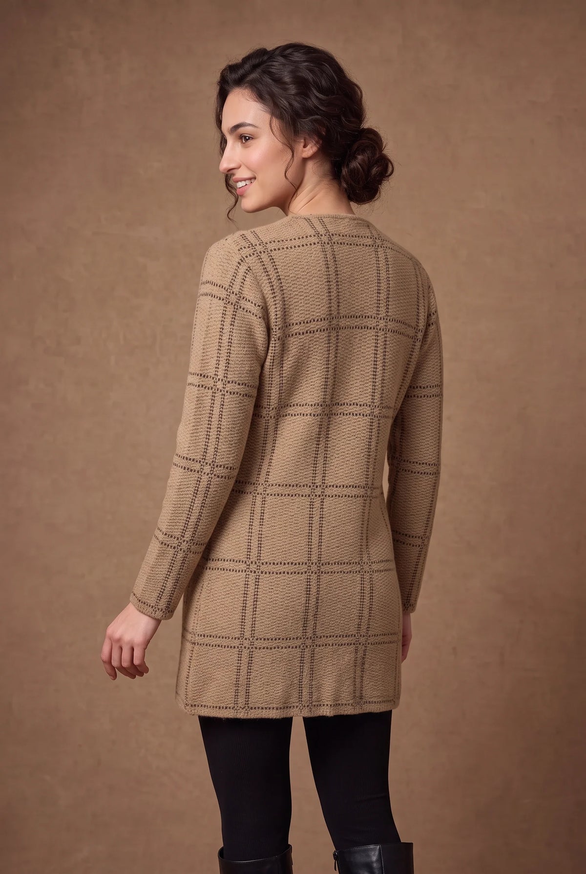 Camel Windowpane Check Knitted Cardigan 3