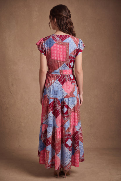 Pink & Blue Patchwork Maxi Dress