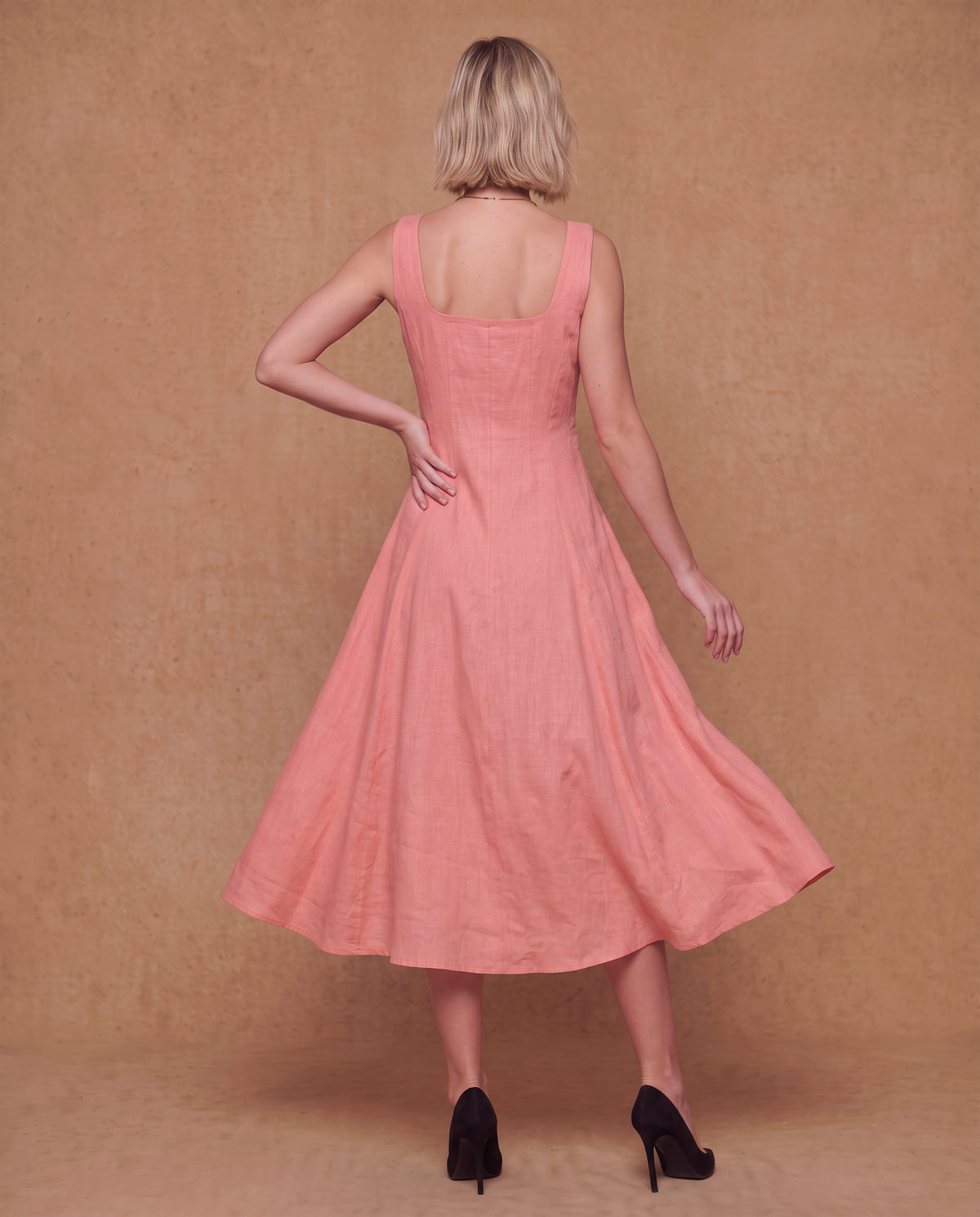 Lachi Women's Coral Viscose Blend Button-Front Midi Dress