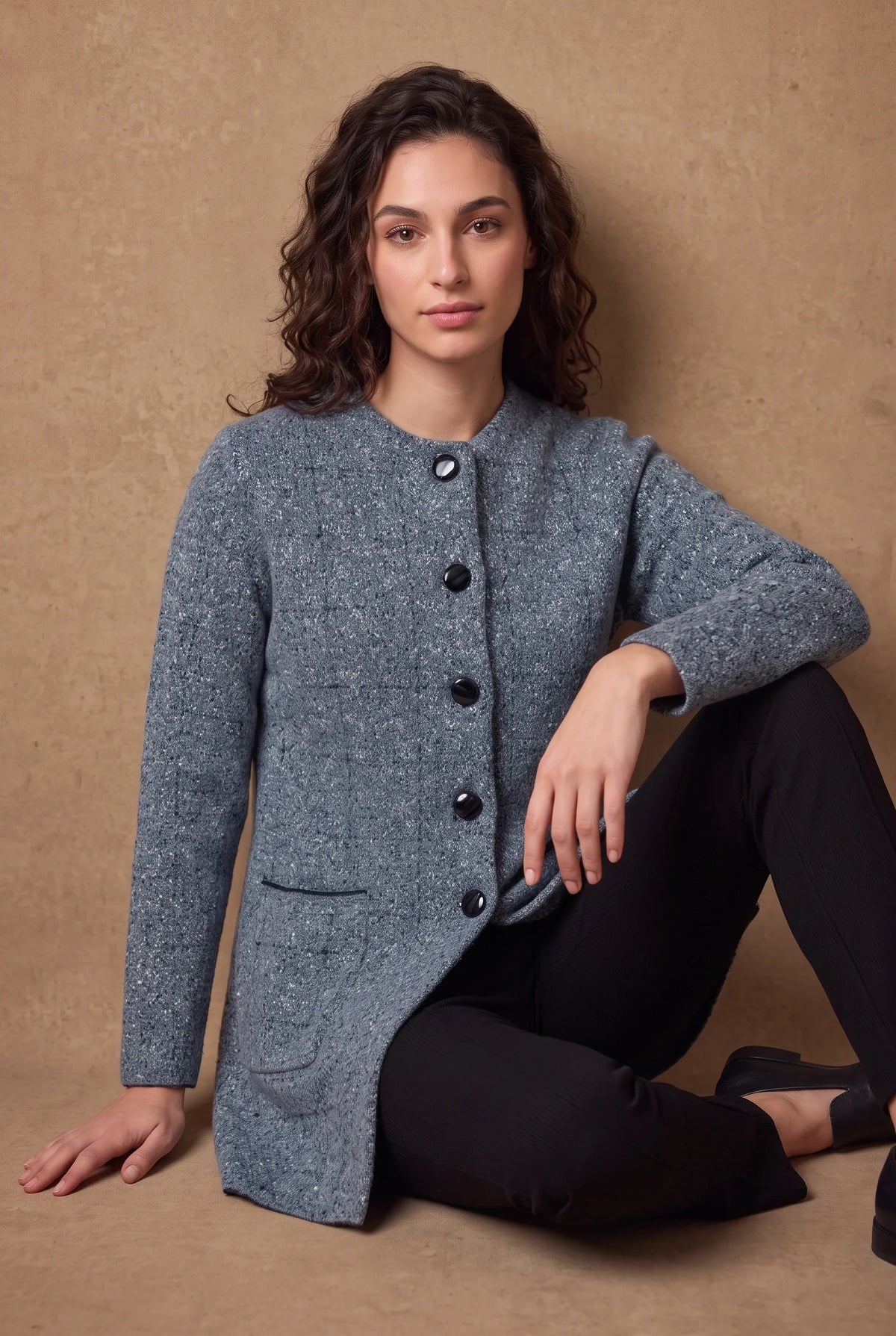 Steel Blue Tweed Longline Knitted Cardigan 2
