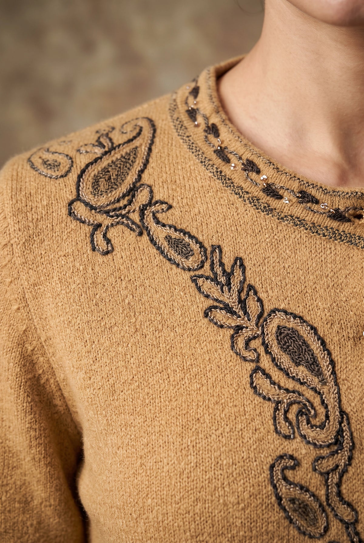 Lachi Women's Camel Paisley Frame Jacquard Knitted Cardigan