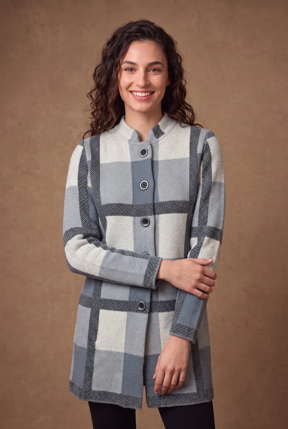 Slate Grey Block Check Longline Knitted Cardigan 1