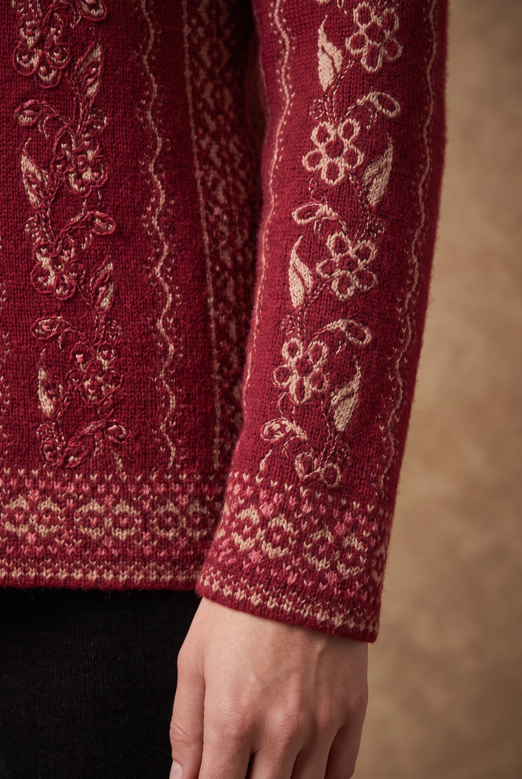 Lachi Women's Maroon Embroidered Vine Jacquard Knitted Cardigan