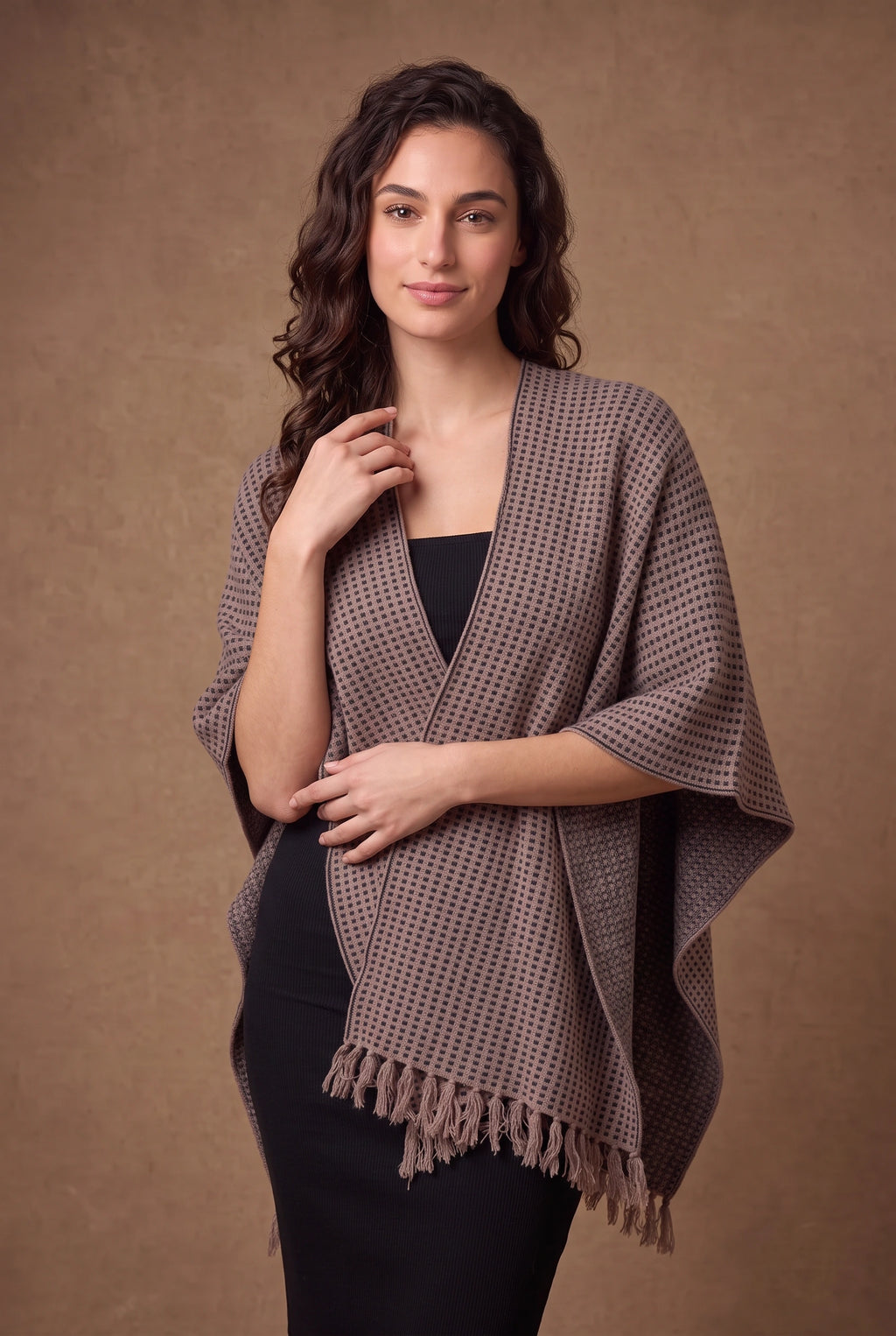 Lachi Women's Textured Check Fringed Poncho