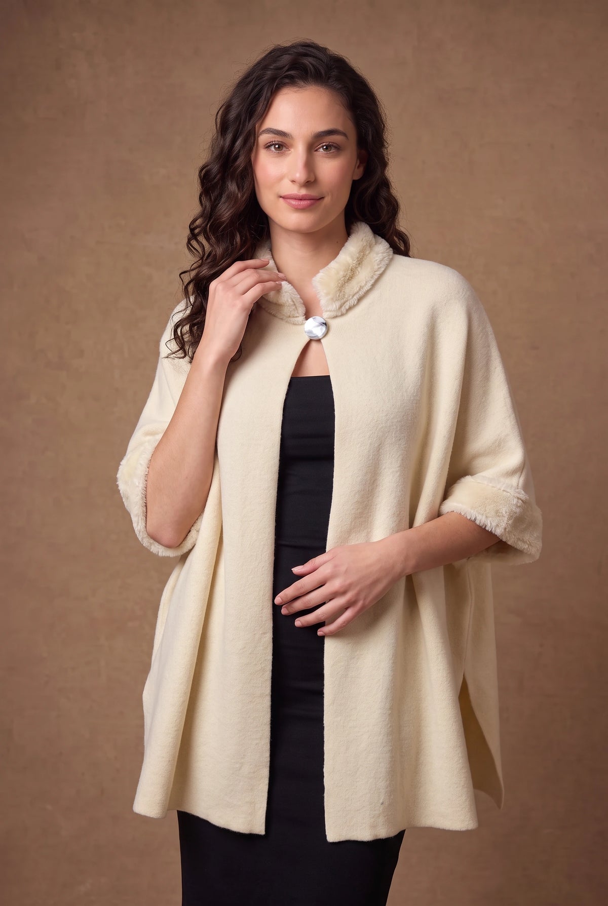 Lachi Women's Ivory Faux Fur Trim Swing Cape