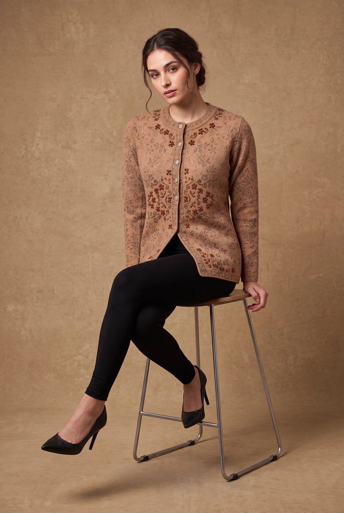 Lachi Women's Tan Beaded Acrylic Knit Cardigan