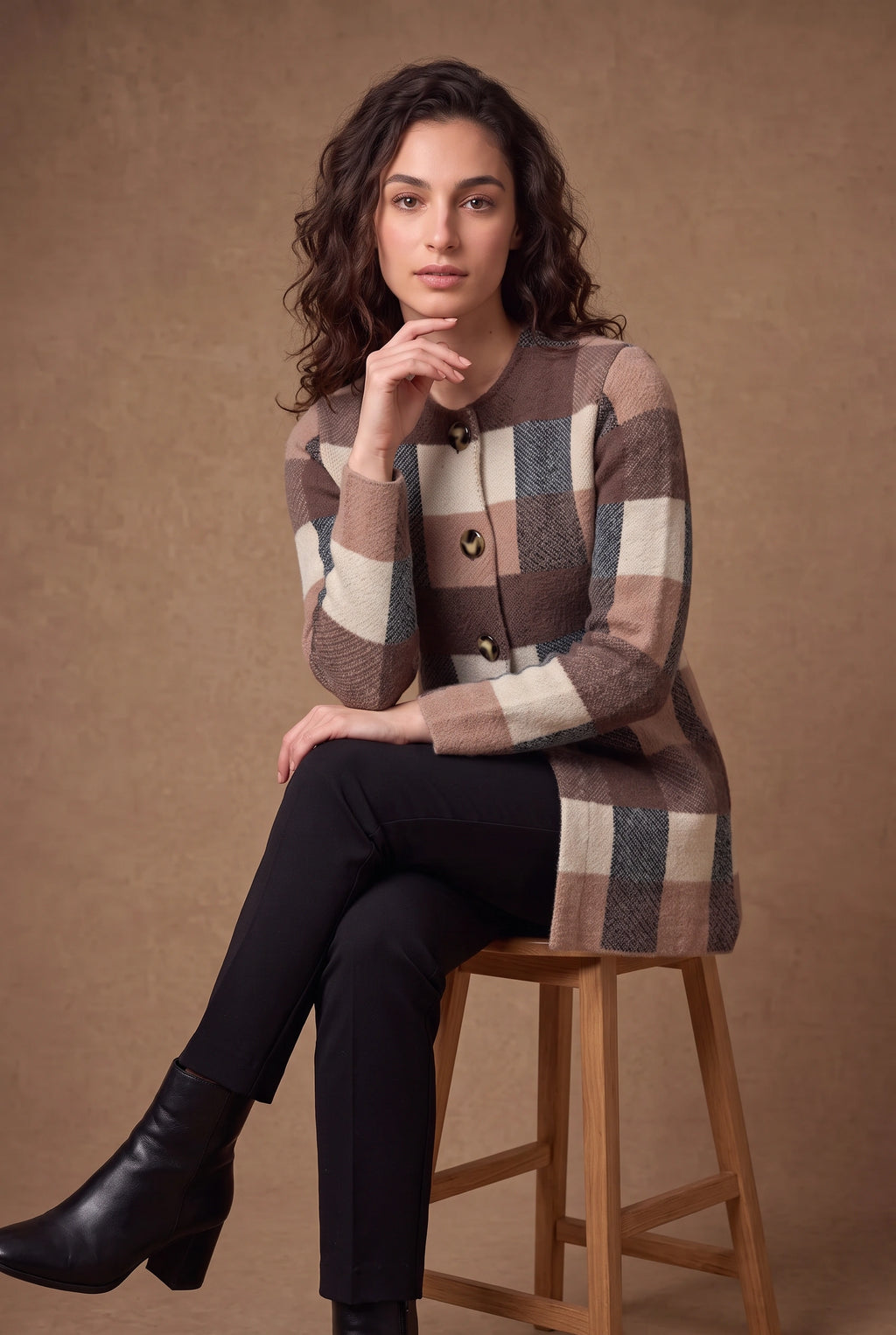 Lachi Women's Mocha Block Check Longline Knitted Cardigan