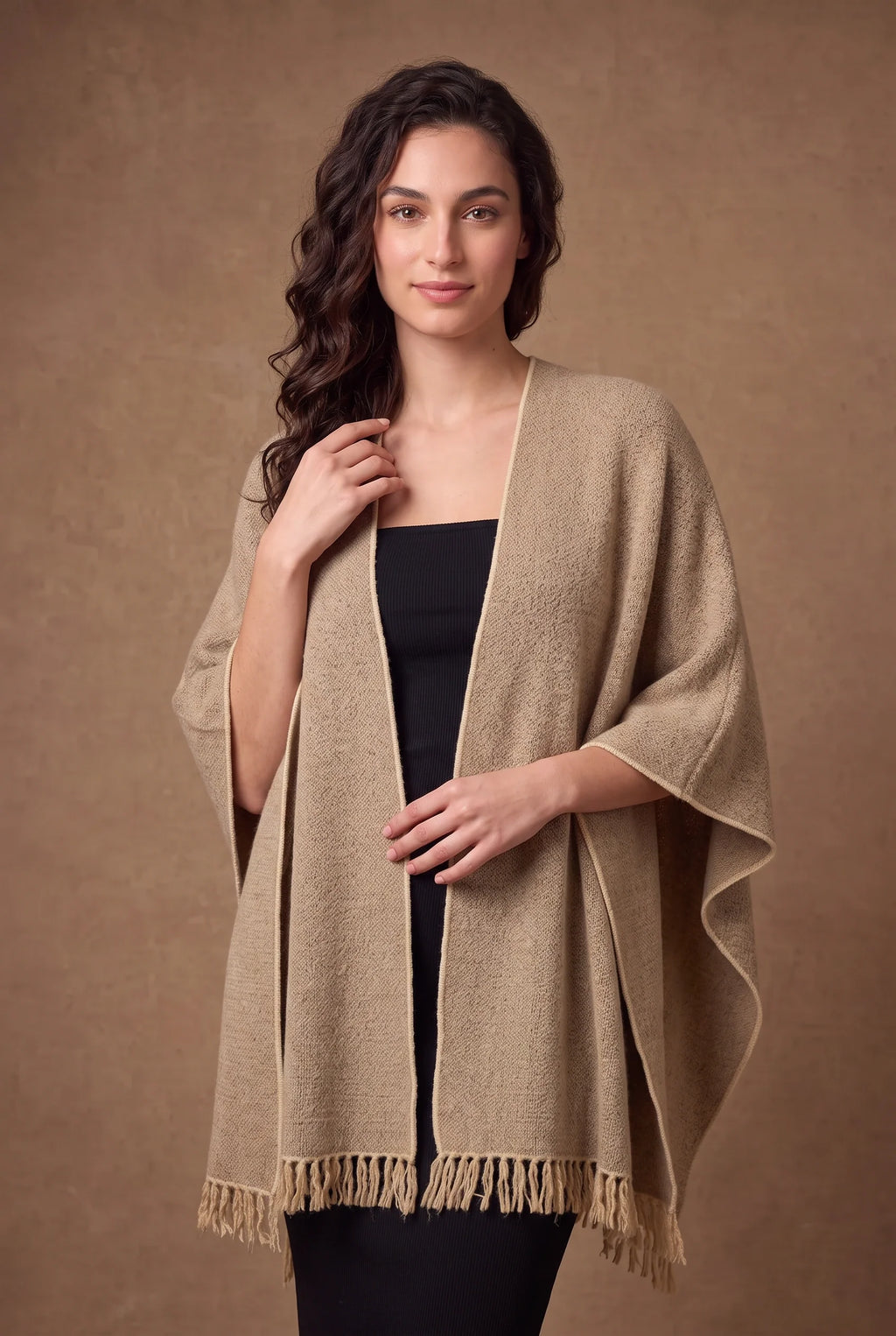 Beige Tweed Fringed Poncho 3