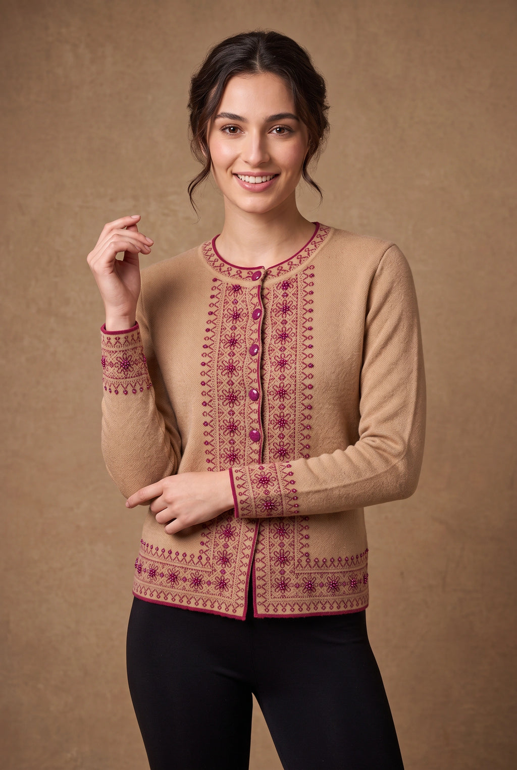 Lachi Women's Beaded Jacquard Panel Knitted Cardigan