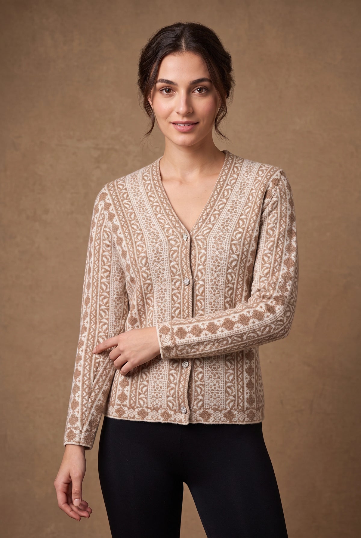 Lachi Women's Heritage Jacquard V-Neck Knitted Cardigan