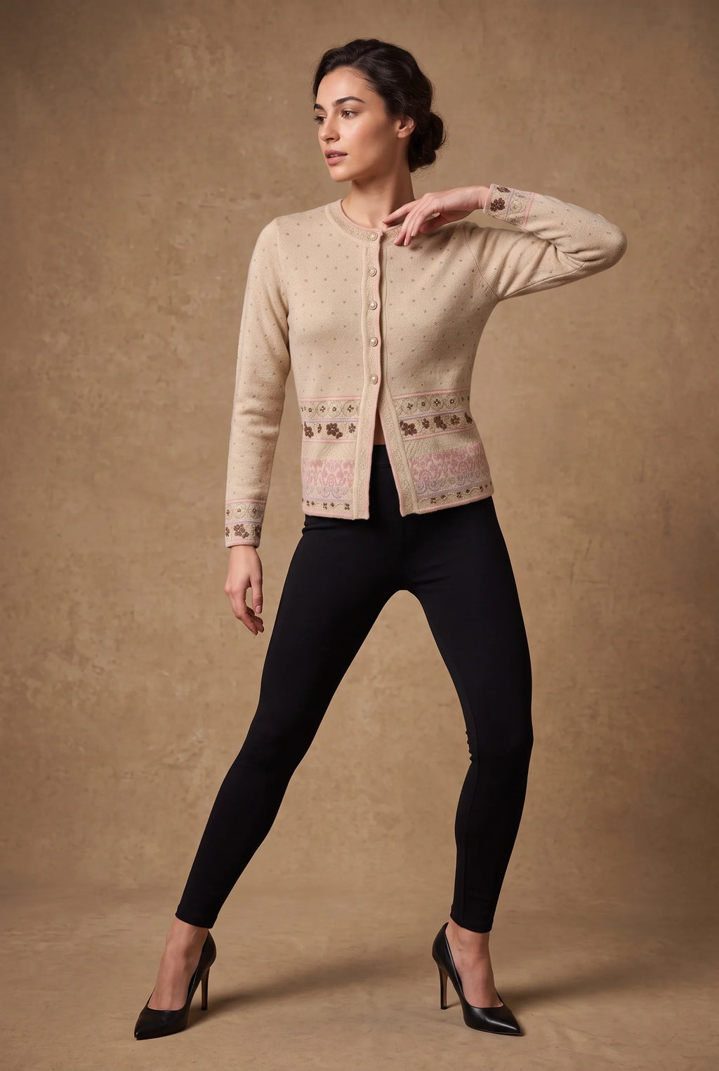 Camel Jacquard Knitted Cardigan 4